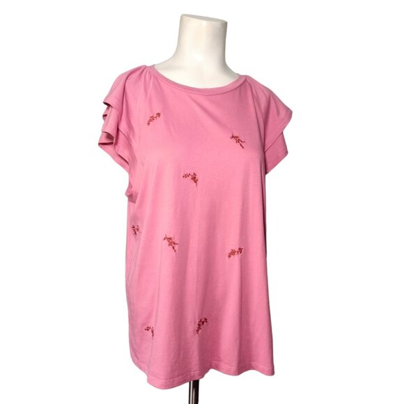 Ann Taylor Embroidered Knit Top Size L Floral Flutter Sleeves Feminine Salmon - Picture 1 of 7
